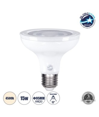 GLOBOSTAR® BEAMPAR 60088 Σποτ E27 PAR30 LED 15W 1455lm 12° AC 220-240V IP20 Φυσικό Λευκό 4500K - Bridgelux SMD Chip - Μ9.5 x Π9.5 x Υ9.5cm - 3 Χρόνια Εγγύηση